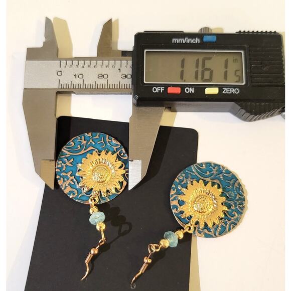 Boho Sunflower Dangle Earrings Gold Tone Turquoise Beaded Drop Jewelry Gift Bag - Picture 8 of 9